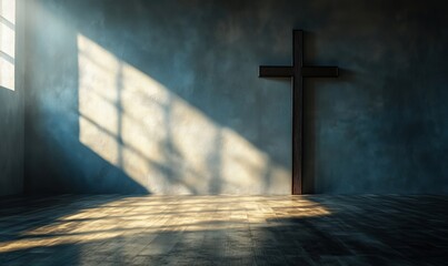 Naklejka premium Cross casting shadows in serene room with natural light, emphasizing spirituality and tranquility