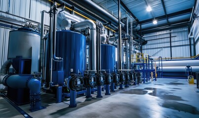 Industrial water treatment facility featuring large blue tanks, pipes, and advanced filtration systems for efficient water purification