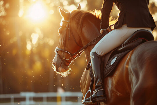 Generative AI illustration, equestrian sports lesson training, young person man woman kid learning to ride a horse
