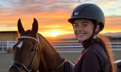 Obraz premium Smiling Equestrian Girl with Horse at Sunset, Captivating Warm Colors and Joyful Atmosphere