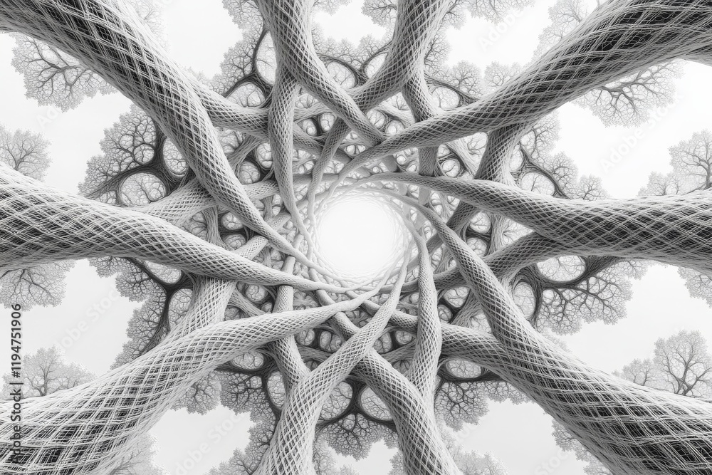 Poster A labyrinthine grayscale spiral resembling tree roots, depicting interconnectedness and complexity, perfect for those seeking detailed abstract art pieces.