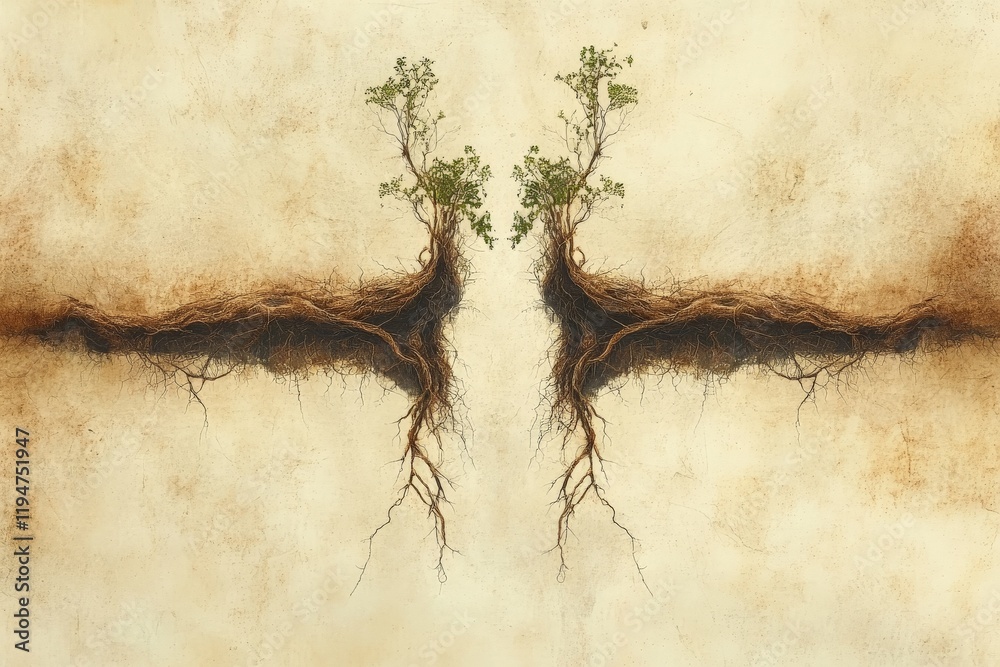 Aufkleber abstract natural symmetry of dancing tree roots, symbolizing connection and balance between elements