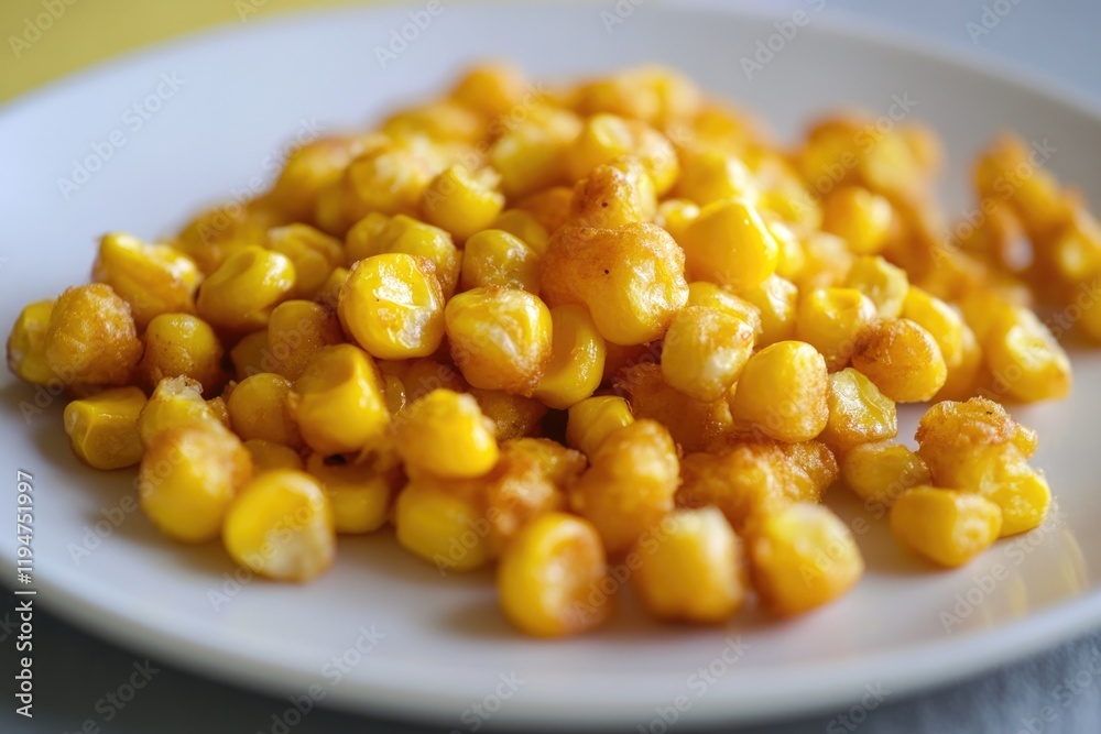 Poster a simple still life image of a white plate topped with cooked corn sitting on a table