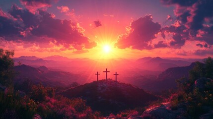 Three Crosses Silhouetted Against a Glorious Sunrise. Generative AI