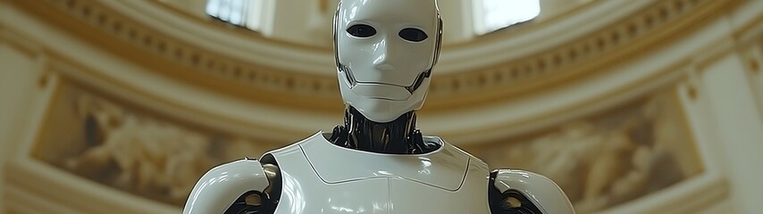 Humanoid robot in classical building.