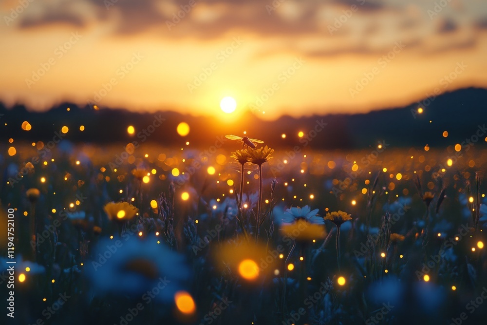 Poster a warm sunset casts a magical glow over a field of flowers, creating an enchanting scene. the sparkl