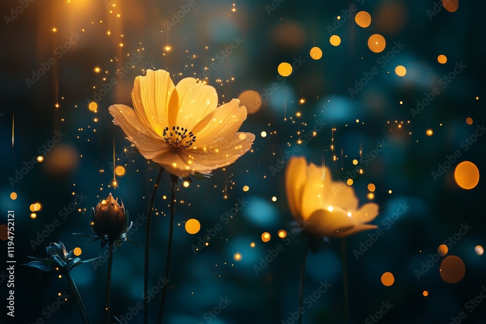 Aufkleber a close-up of luminous flowers at twilight adorned with magical sparkles. the scene creates an encha