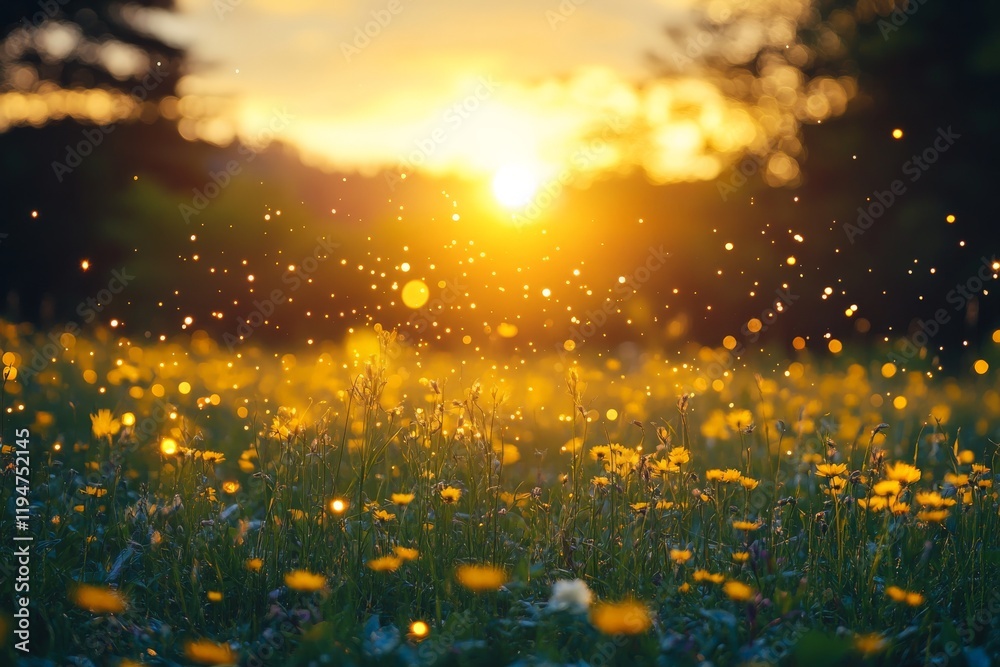 Poster a peaceful meadow at sunset, with golden light and floating sparkles creating a magical atmosphere. 