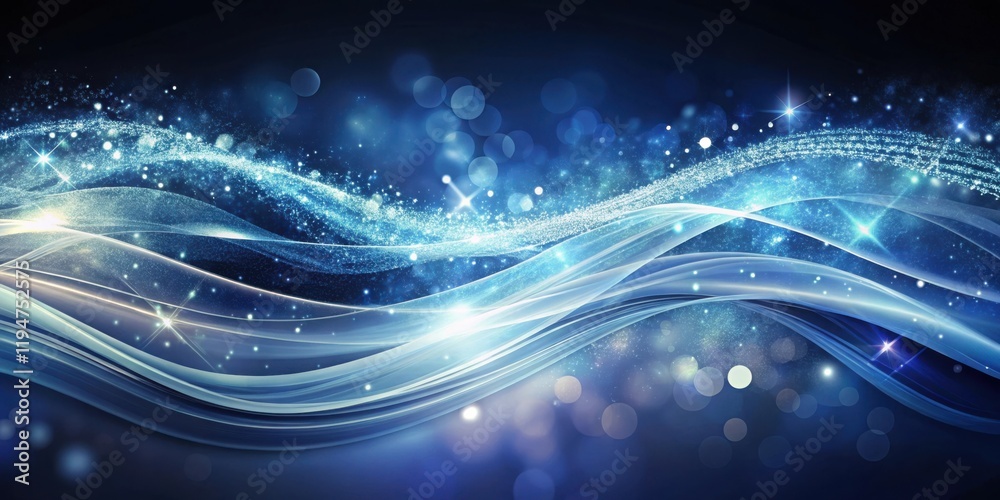 Poster abstract blue wave background with sparkling dust and glowing lights