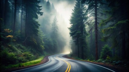 Fototapeta premium Misty Forest Road Winding Through Tall Evergreen Trees