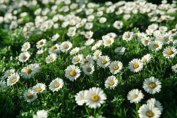 A vibrant field of white daisies, each with a yellow center, under the warm, gleaming sunlight, exhibiting the beauty of nature and the tranquility it offers.