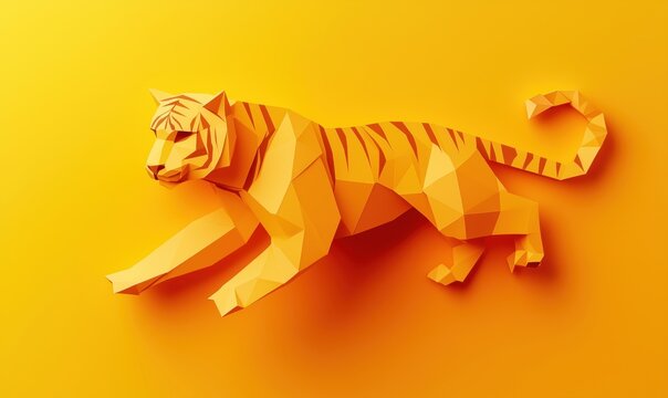 Polygonal tiger illustration in vibrant orange hues, showcasing dynamic pose and geometric design elements