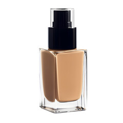 A bottle of liquid makeup foundation with a glass pump, placed on a vanity, isolated on white background.