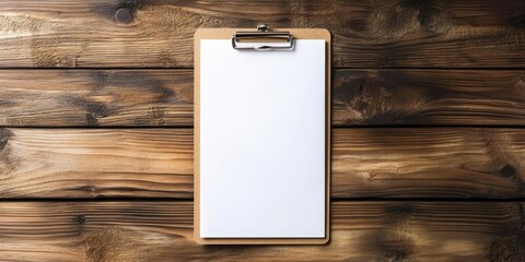 Empty clipboard on rustic wooden surface with a top view perspective showcasing ample blank space for text or design elements.