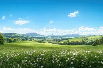 Idyllic countryside escape rolling hills nature photography wildflower fields tranquil environment serene viewpoint peaceful concept