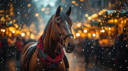 Festive Horse with Winter Scarf in Holiday City Square. Generative AI