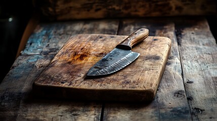 Rustic wooden cutting board with a knife stuck into it rustic kitchen scene