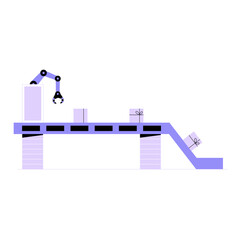  Assembly Line With Robotic Arm In Flat Vector Illustration Symbolizing Automation, Manufacturing, And Productivity, Isolated On White Background.