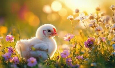 Charming baby bird surrounded by vibrant wildflowers in golden sunlight, showcasing nature's beauty and innocence