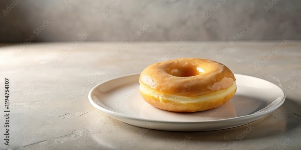 Poster a single glazed donut on a white plate rests on a textured surface