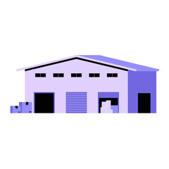 Warehouse Exterior With Open Doors In Flat Vector Illustration Symbolizing Storage, Logistics, And Distribution, Isolated On White Background.