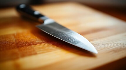 Fototapeta premium Close-up of a knife handle protruding from a wooden cutting board knife blade