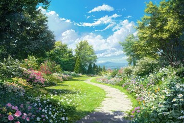 Obraz premium Exploring an idyllic garden path lined with pastel-colored flowers tranquil landscape nature scene inviting environment serene viewpoint