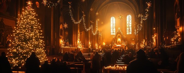 Obraz premium A warmly lit church on Christmas Eve, with people gathered for a midnight service, 4k photo.