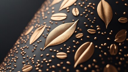Close-up of elegant black surface with embossed gold coffee leaves and beans.