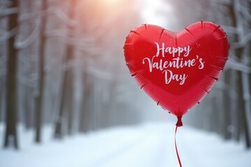 Red heart balloon in snowy forest celebrating valentine's day