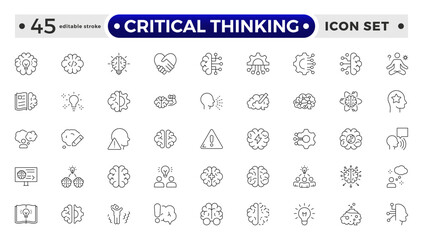 Critical thinking outline icon set. Containing think, problem-solving, analysis, reasoning, evaluation, experience, research, logic and listening icons. Editable stroke outline icon.
