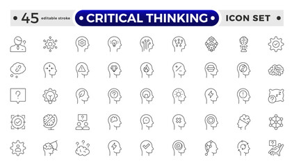 Critical thinking outline icon set. Containing think, problem-solving, analysis, reasoning, evaluation, experience, research, logic and listening icons. Editable stroke outline icon.
