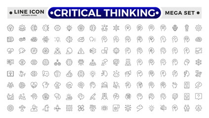 Critical thinking outline icon set. Containing think, problem-solving, analysis, reasoning, evaluation, experience, research, logic and listening icons. Editable stroke outline icon.
