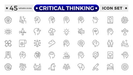 Critical thinking outline icon set. Containing think, problem-solving, analysis, reasoning, evaluation, experience, research, logic and listening icons. Editable stroke outline icon.
