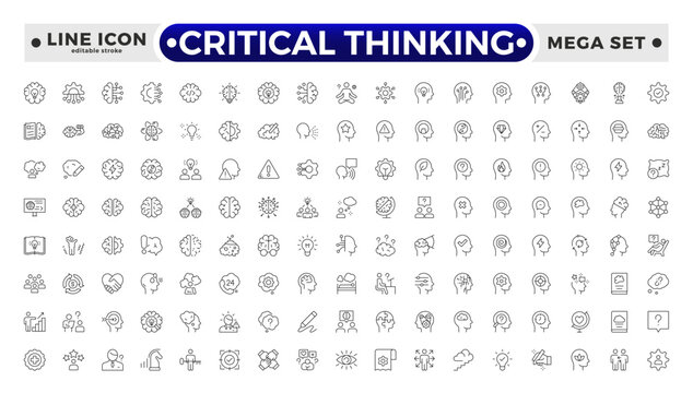 Critical thinking outline icon set. Containing think, problem-solving, analysis, reasoning, evaluation, experience, research, logic and listening icons. Editable stroke outline icon.

