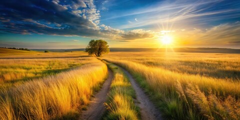 Fototapeta premium Golden Hour Countryside A Solitary Tree Stands Sentinel on a Dirt Road Through a Sun-Drenched Field