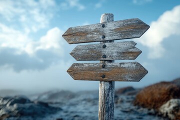 A wooden sign with arrows pointing in multiple directions, useful for maps, travel and adventure scenes
