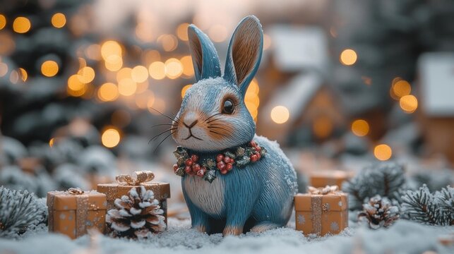 Festive wooden rabbit with holiday decorations. Generative AI