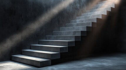 Fototapeta premium Dark Metaphorical Stairs in an Abandoned Space with Dramatic Light Beams Illuminating Concrete Steps and Creating a Mystical Atmosphere in the Background