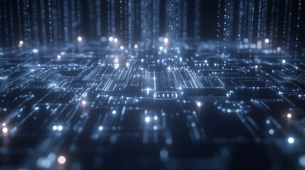 Obraz premium A digital glowing circuit board pattern on a dark gray background, with soft blue and white light emitting from the circuit lines and nodes
