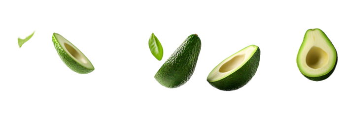 Floating Avocados & Leaves Isolated on Transparent Background