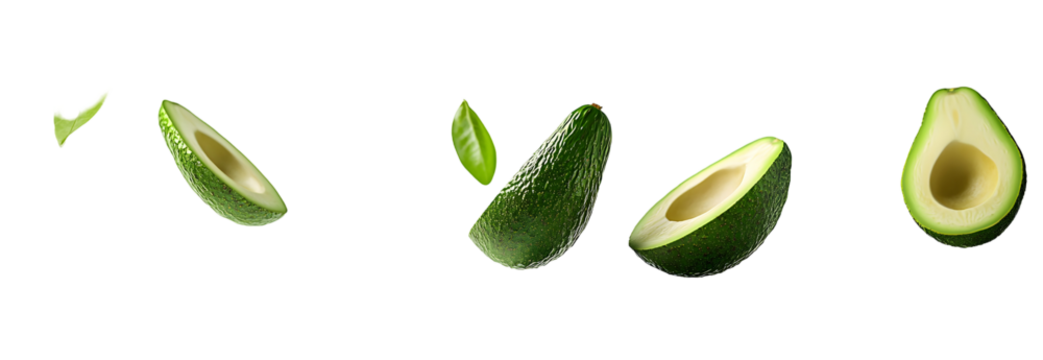 Floating Avocados & Leaves Isolated on Transparent Background
