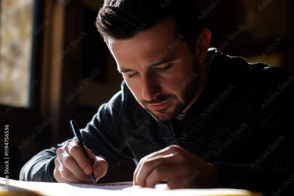 Poster a person sits at a table with a piece of paper, focused on writing