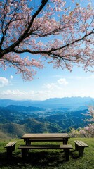 Fototapeta premium Breathtaking cherry blossom picnic area rolling hills scenic landscape tranquil environment panoramic view serene escape