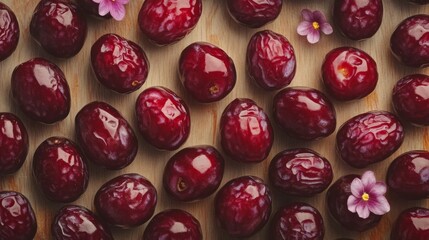 Shiny Red Plums Arranged With Flowers On Wood