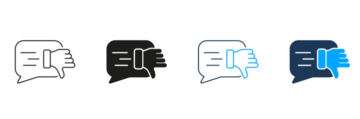 Negative Review, Bad Feedback Line and Silhouette Icon Set. Thumb Down With Speech Bubble. Disappointed Customer Pictogram. Dislike Symbol. Editable Stroke. Isolated Vector Illustration