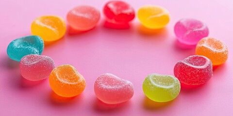 Colorful jelly candies in a circular arrangement on a vivid pink background featuring vibrant reds blues yellows greens and pinks in a playful display