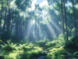 Sunbeams illuminating misty forest path.