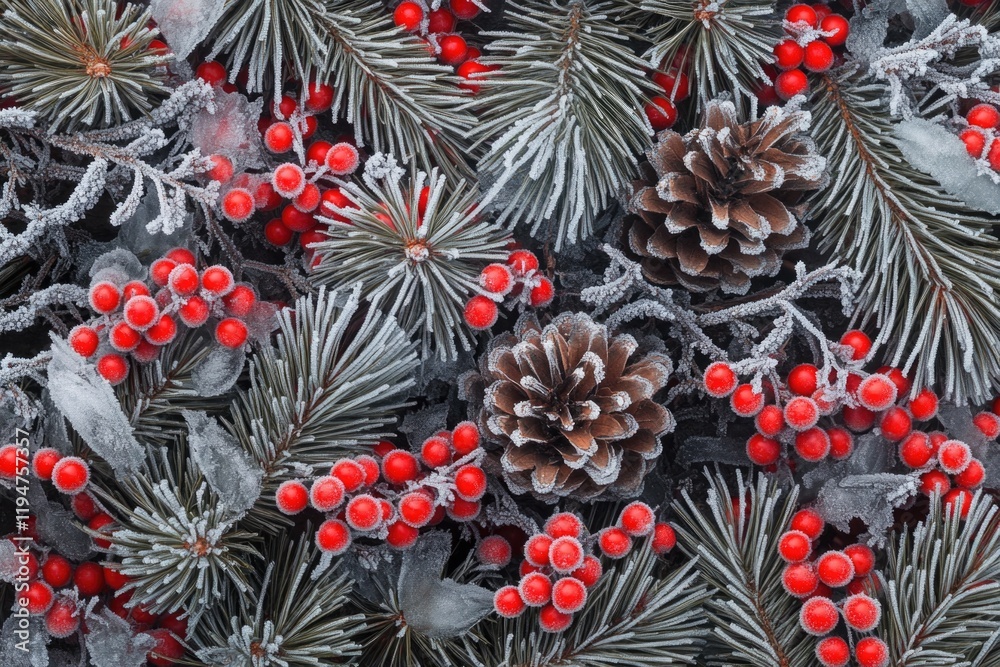Aufkleber a close-up view of a pine tree branch with bright red berries, great for nature and botanical themes