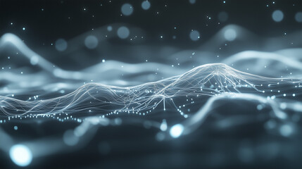 Obraz premium A digital glowing circuit board pattern on a dark gray background, with soft blue and white light emitting from the circuit lines and nodes